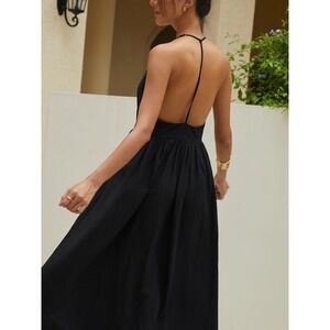 Commense Black Halter Maxi Dress Linen Cotton Long Dress Open Back Size‎ M